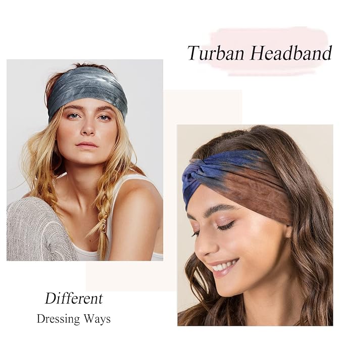 Tobeffect Wide Headbands for Women, Tie Dye Extra Large Turban Headband Boho Hairband Hair Twisted Knot Accessories, 6 Pack