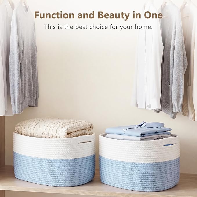 Cotton Rope Storage Basket, 15x10x9 Inches, Woven Basket for Shelves, Clothes, Towels, Books, and Laundry, White Blue (3 Pack)