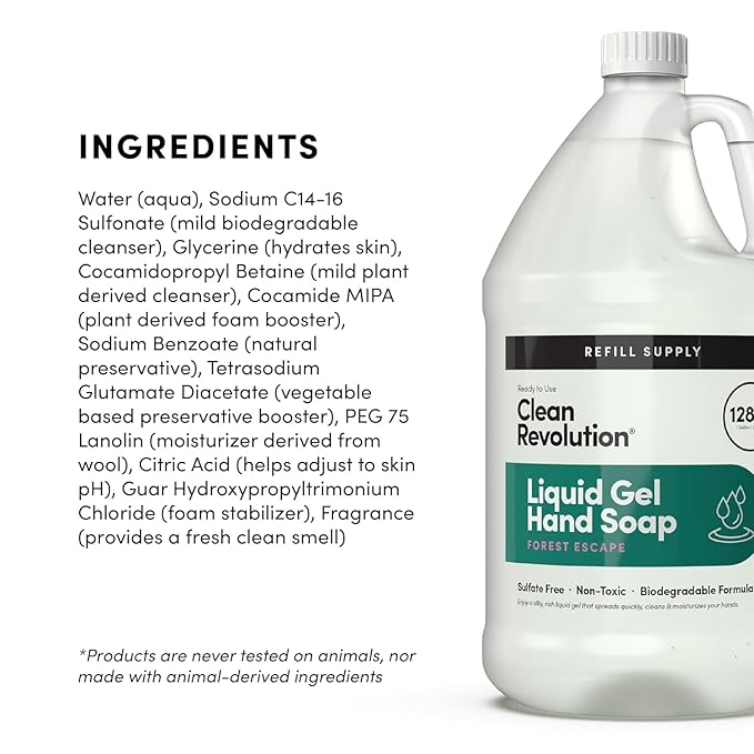 Clean Revolution Liquid Gel Hand Soap, Silky Rich Liquid, Quick Lather, Fast Rinsing, (Forest Escape) 128 Fl Oz, 4 Pack - Made in USA