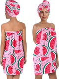 Watermelon Print Bath Wrap and Hair Drying Towel Set – Microfiber Quick Dry Shower Body Wrap for Women, Absorbent Spa Skirt with Elastic Band and Summer Fruit Design(Watermelon 2)