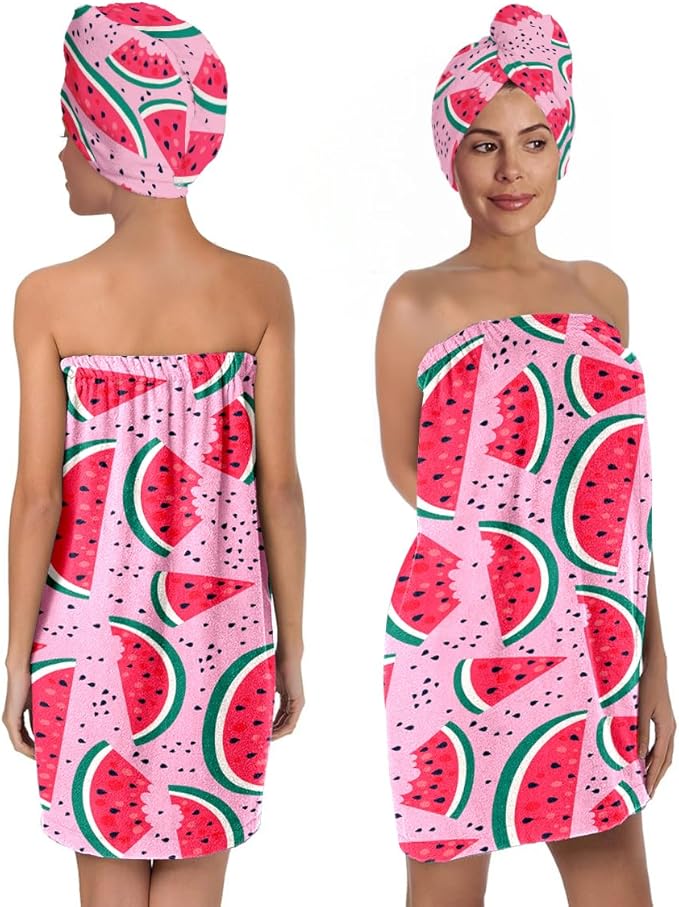 Watermelon Print Bath Wrap and Hair Drying Towel Set – Microfiber Quick Dry Shower Body Wrap for Women, Absorbent Spa Skirt with Elastic Band and Summer Fruit Design(Watermelon 2)