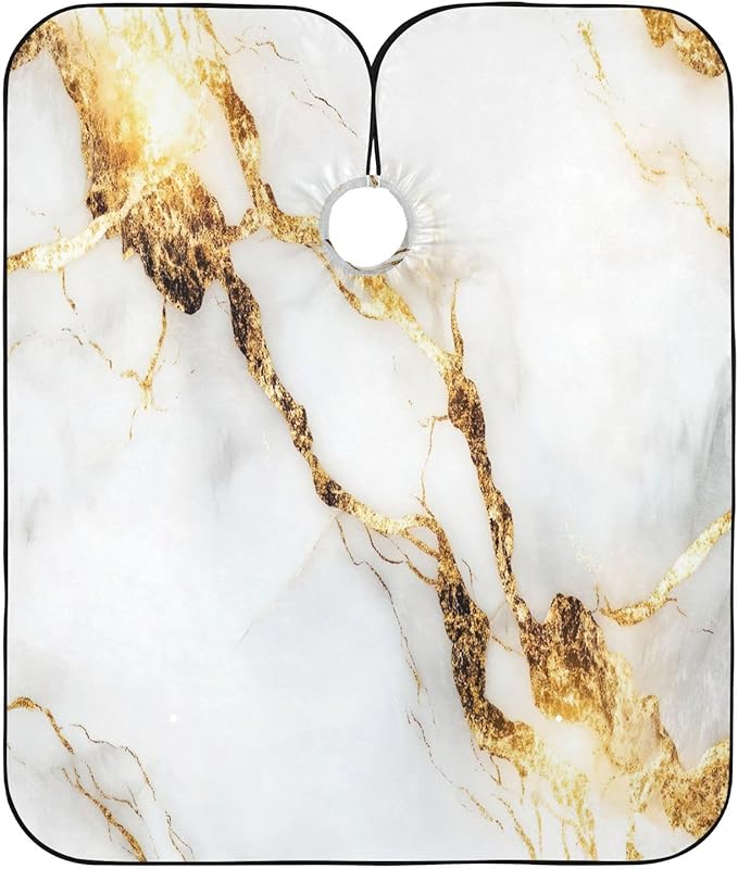 White Gold Marble Professional Barber Cape with Adjustable Neckline, Waterproof Hairdressing Salon Cape for Men Women Kids - 65" x 55" Beard Apron Shaving Kits for Salon and Home Use