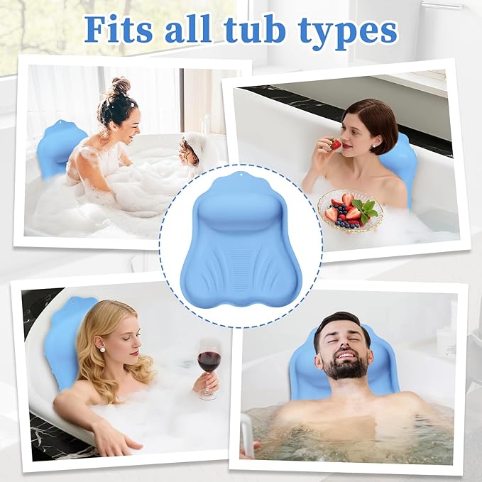 Luxury Silicone Bath Pillow for Tub, New Cloud-Soft 4D Air-Cushion Bathtub Pillow for Head and Neck & Back Support, Strong Suction Cups, Waterproof Quick-Dry Bathtub Headrest (Blue)