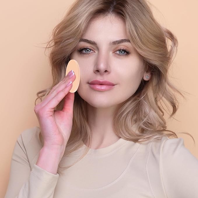 Jeffdad 12 Pcs Round Makeup Sponges, Facial Powder Puff Cosmetic Sponge Round Foam Pad Beauty Makeup Eye Foundation Powder Blender for All Skin Types Wet and Dry Dual Use(Skin Color)