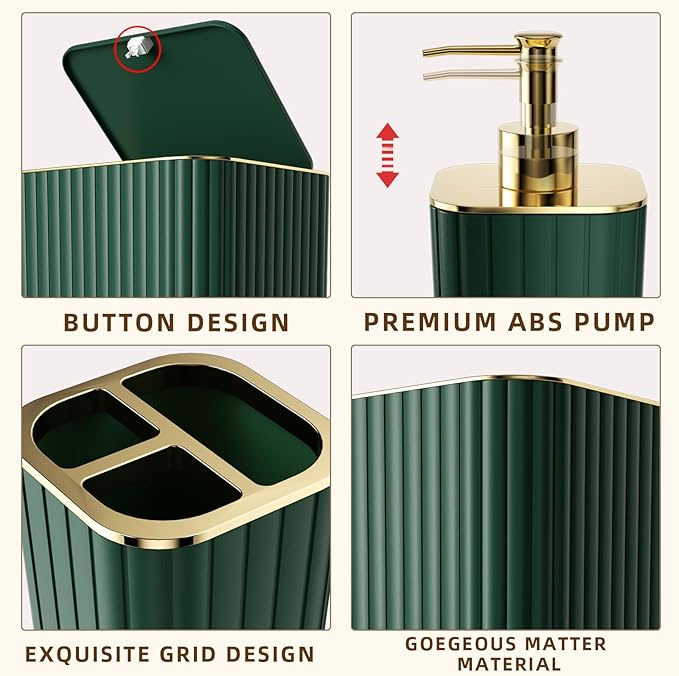 Bathroom Accessory Set - 25PC Green Bathroom Sets, Bathroom Set with Shower Curtain and Rugs, Dark Green Shower Curtain Set, Trash Can, Qtip Holder & Soap Dispenser