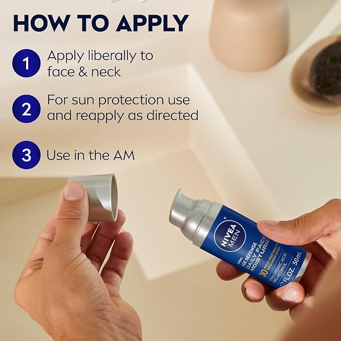 NIVEA MEN Age Defense Daily Face Moisturizer with Broad Spectrum SPF 30 Sunscreen, Pro-Retinol and Hyaluronic Acid, Beard-Friendly Face Lotion Helps Defend Against UVA/UVB Rays, 1.7 Fl Oz,(Pack of 2)