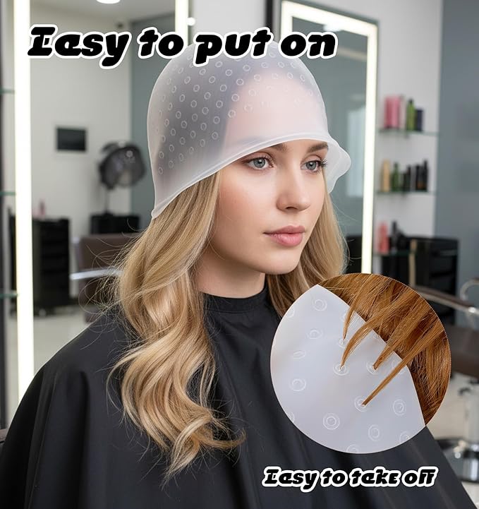 Frosting Caps for Highlighting Hair, Highlight Caps for Hair Pre-Punched with Holes Silicone, Reusable Highlighting Cap with Hook for Salon & Home Hairs Coloring, Women & Men