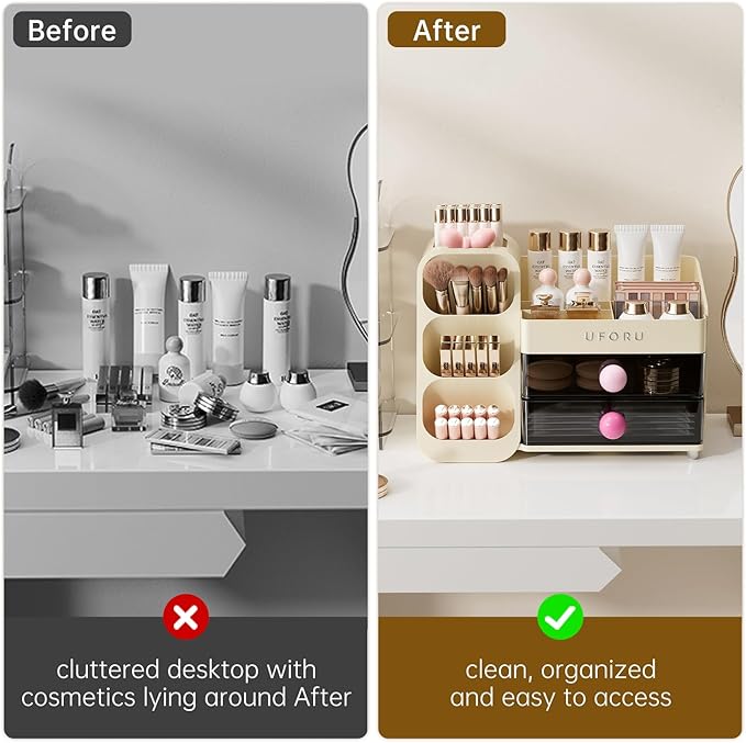Makeup Organizer for Vanity with Brush Holder, Countertop Skincare Organizer with 2 Drawers, Spacious Cosmetic Display Case for Perfumes, Eyeshadow Palettes, Nail Polishes
