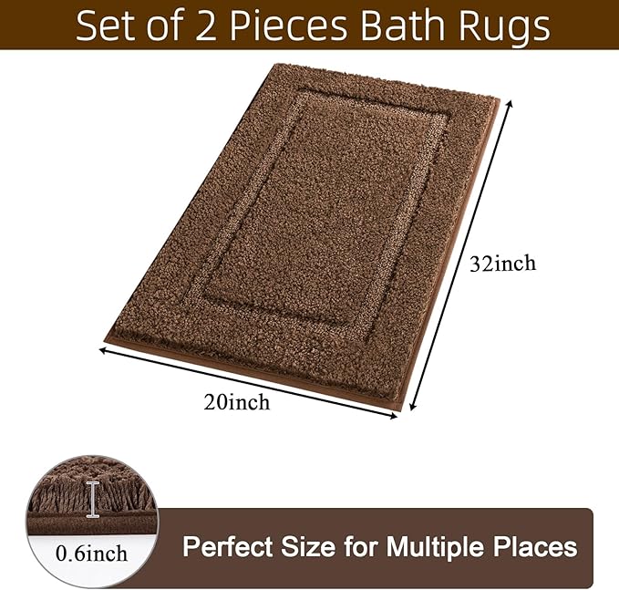 SHACOS Super Soft Bathroom Rugs Set of 2 Pieces 32x20 inch Microfiber Bath Rugs Non Slip Washable Bath Mats Absorbent Bathroom Mats for Shower Tub, Coffee Brown