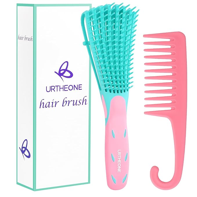 Detangling Hair Brush, Detangling brush for Adults and Kids, Comb Set for Kinky Curly Coily and Wavy Hair, For Wet and Dry Hair, Afro American Type 3a-4c, Comfortable Grip, Easy to Clean(Pinkgreen)