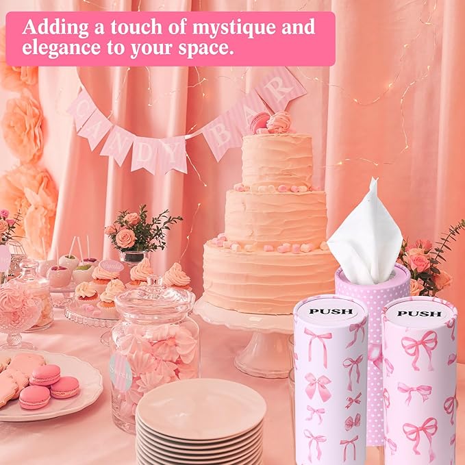 Outus 12 Pcs Bow Car Tissues Cylinder Holder with 3 Ply Facial Tissue Bulk Pink Bow Ribbon Round Tissue Holder Travel Tissues Boxes Container for Car Cup Wedding Birthday Party