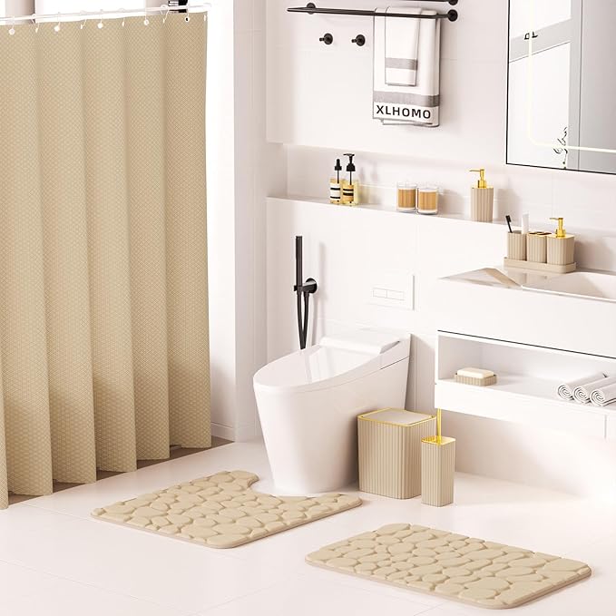 Bathroom Accessories Set - 25PC Bathroom Sets with Shower Curtain and Rugs, Beige Bathroom Accessories with Trash Can, Soap Dispenser, Soap Dish & Toilet Brush