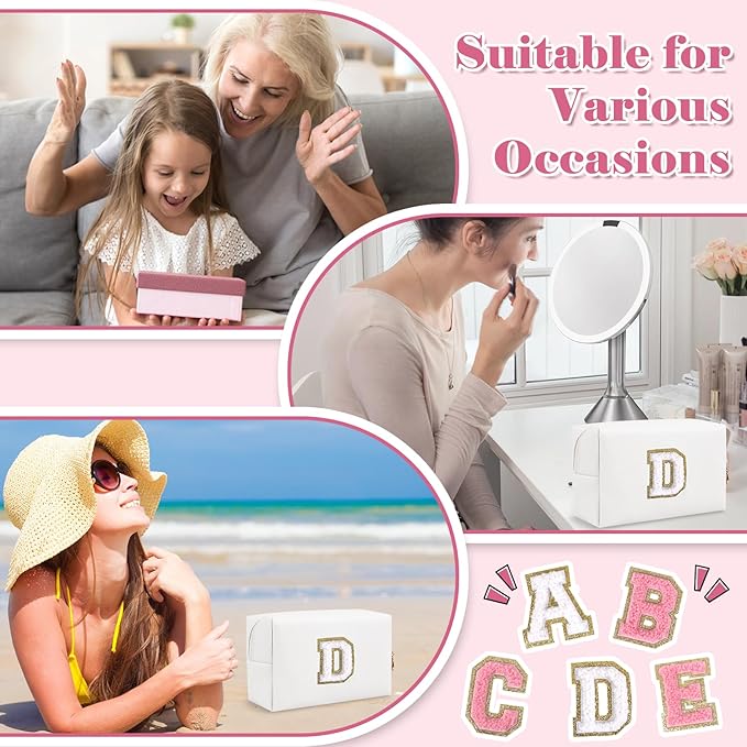 Small Personalized Initial A-Z Preppy Patch Makeup Bag,White PU Chenille Letter Travel Cosmetic Pouch with Zipper,Cute Toiletry Bag,Gift Ideal for Teen Girls Women Teacher Bridesmaid,Letter D