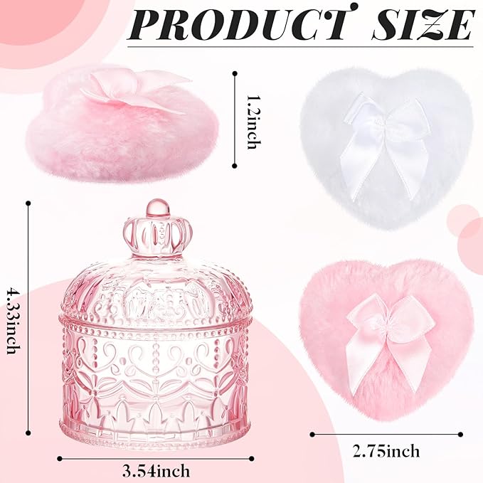 Tioncy 3 Pcs Large Body Powder Puff and Container Valentine's Day gift Powder Container with Puff Crystal Case Soft Washable Reusable Velour Face Body Glitter Wet Dry Makeup(Crown,Pink,)