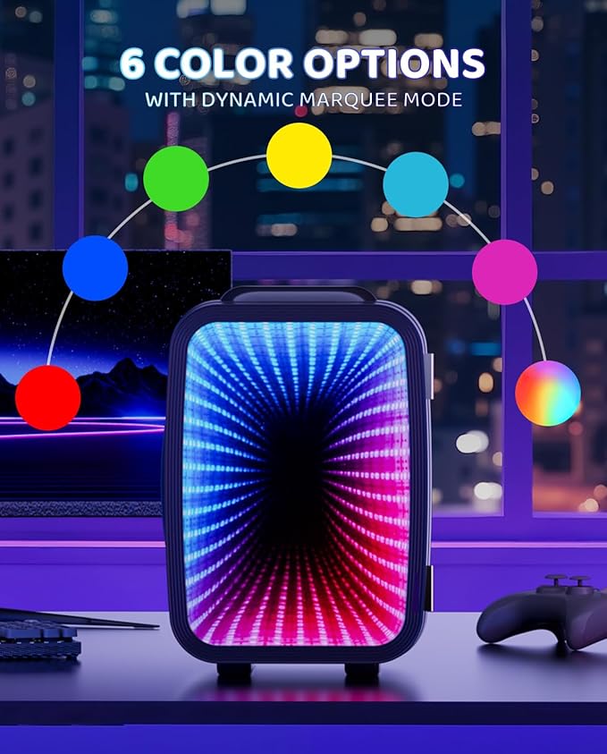MF01C Mini Fridge, 7 Light Modes With Running Light Mode, 4 Liter/6 Cans, Quiet Cooling & Retention Function, AC/DC Power, Gaming Mini Fridge for Bedrooms, Office and Car