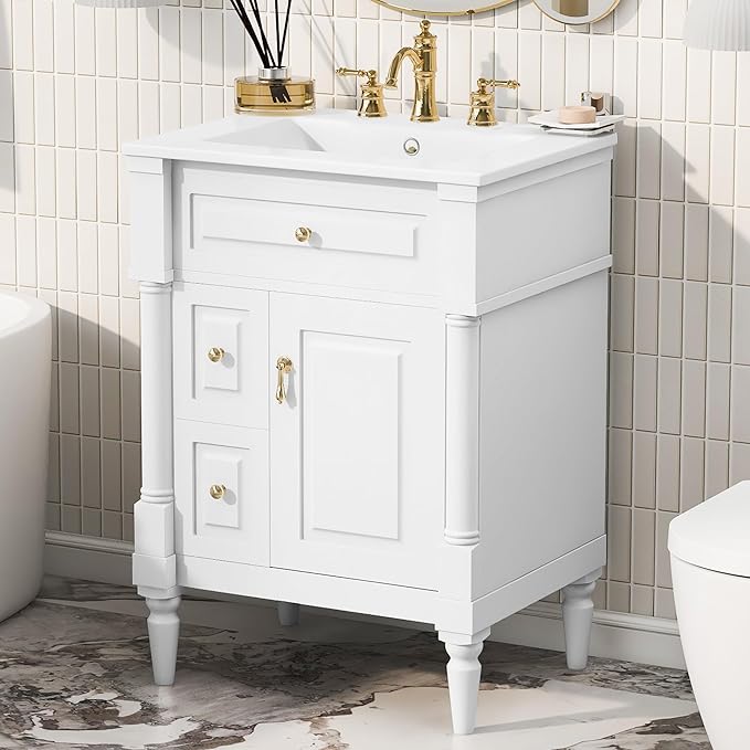 Harper & Bright Designs 24" Bathroom Vanity with Sink, Free Standing Bathroom Vanity Set with Flip Drawer, 2 Drawers, and Adjustable Shelf, Wood Storage Cabinet with Ceramic Basin for Bathroom, White