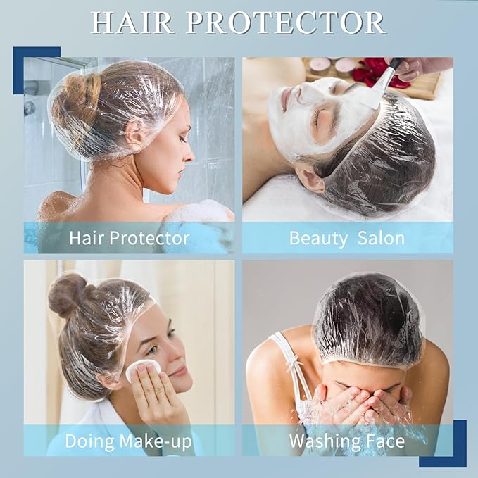 MORGLES 100 Pcs Disposable Shower Caps for Women, 18.1" Waterproof Plastic Shower Caps for Bathing, Hair Treatment, Conditioning in Home Hotel Travel