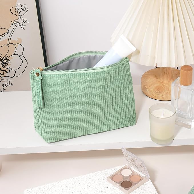 MAGEFY Small Makeup Bag, Corduroy Small Pouches for Purse Cosmetic Bag Makeup Pouches for Key Pocket Lipstick Bag Card Holder Data Cable Organizer(Green,Small)