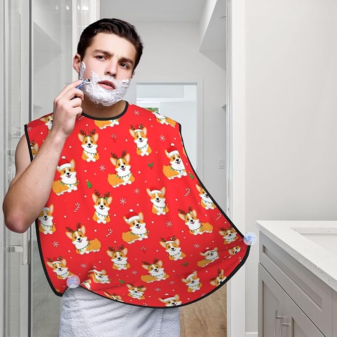 Beard Hair Catcher for Men, Waterproof Shaving Bib Apron Non-Stick, Trimming Tool for Dad Husband, Christmas Corgi Dogs Red Shave Bib