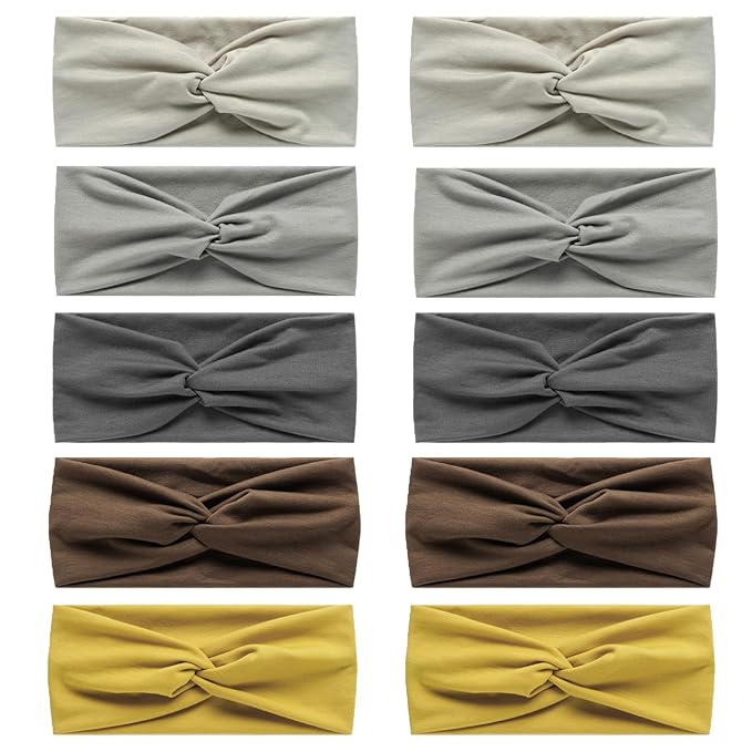 10 Pcs Wide Absorbent Sport Headbands for Women, Non-slip, Stretchy, Soft Cotton Twist Knotted Hair Bands for Daily Workout Yoga Running Sports, CA