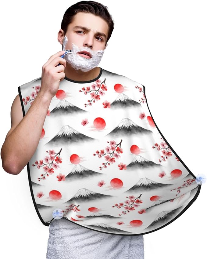 No-Slip Shaving Bib, Beard Grooming Apron with Strong Suction Cups, Japanese Blossom Watercolor Cherry Flower Mountain