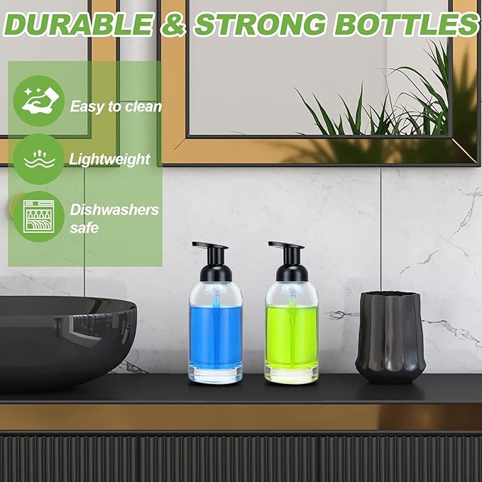 Eccliy 4 Pack 13 Oz Clear Glass Jar Soap Dispenser with Foaming Pump, Clear Thick Hand Liquid Dish Soap Dispenser Round Bottles for Bath Home Kitchen Oil Lotion