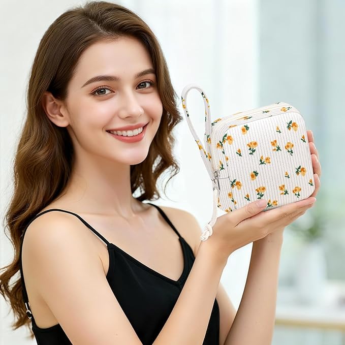 Small Makeup Bag | Discreet Period Bag Pad Pouch for Purse| Sanitary Napkin Storage & Tampon Holder for Travel (Flower yellow)