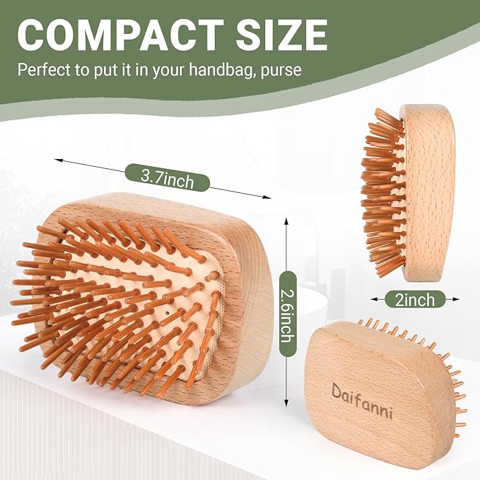Natural Wooden Hair Brush with Bamboo Pins - No Handle Scalp Massager for Hair Growth & Detangling, Small Mini Portable Hairbrush for All Hair Types, Women Men Travel Gift (Rectangular)