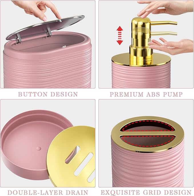 Bathroom Set, 10PC Bathroom Accessory Set, Pink Bathroom Accessories, Pink and Gold Bathroom Set with Trash Can, Soap Dispensers