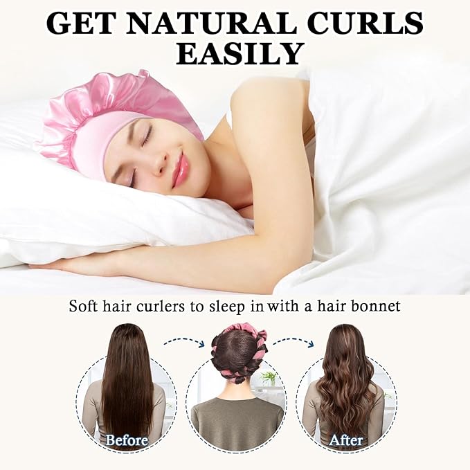 No Heat Overnight Curl Headband, 70" Soft Ribbon Curl Wrap for Long Hair - 9 PCS Rods Set with Bonnet, Pink