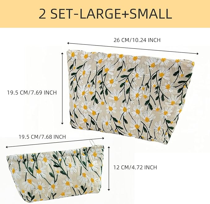 2 Pcs Makeup Bags, Large Cosmetic Bag Travel Toiletry Bag Organizer for Women, Embroidery Craft, Floral Makeup Bag Small Cosmetic Pouch Purse with Zipper Gifts for Girls Teen