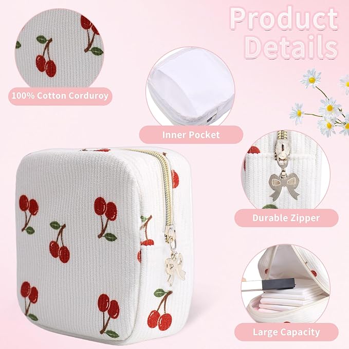 Period Bag for Women, Portable Corduroy Sanitary Napkin Storage Bag Cherry Period Pouch with Zipper, Sanitary Pads Bag Tampons Holder for Purse, First Period