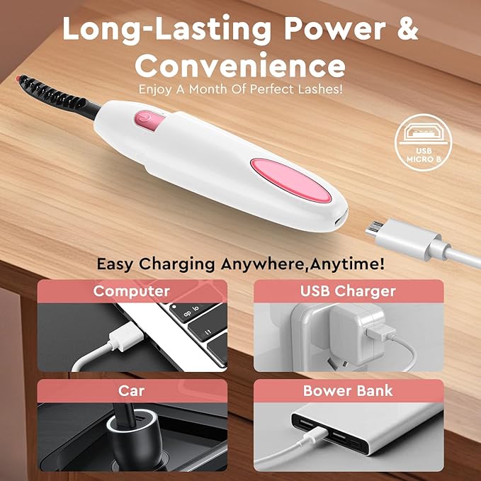 Heated Eyelash Curler, Electric Eyelash Curler for Fast Heat up Within 10s - 24 Hours Long Lasting, 2 Temp Settings Makeup Tools Safe & Portable Lash Curler with USB Charging