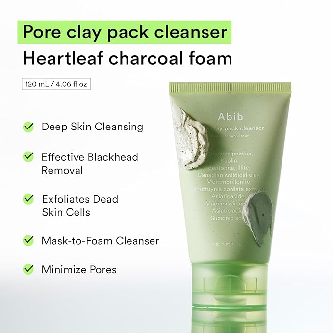 Abib Pore Clay Pack Cleanser Heartleaf Charcoal Foam, 4.05 fl oz, Mousse Form, Oil Control, Unscented