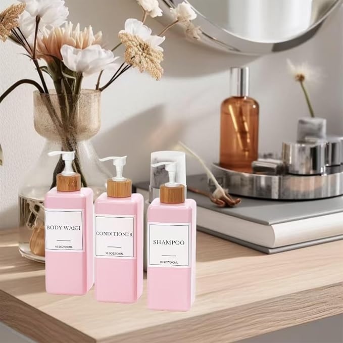 Shampoo and Conditioner Dispenser for Shower, Refillable Shampoo and Conditioner Bottles Body Wash Dispenser with Waterproof Labels, 3PCS Soap Dispenser Bathroom Pink White Empty Pump Bottle