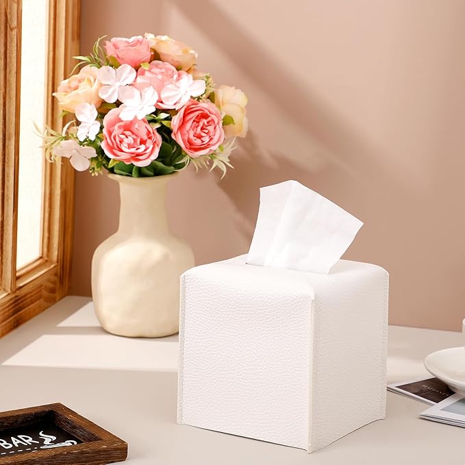 Honeydak 10 Pcs Tissue Box Cover Square Modern PU Leather Tissue Box Holder Decorative Organizer Container for Bathroom Vanity Countertop, Night Stands, Office Desk Car Supply 5.3"x5.3"x5.3" (White)