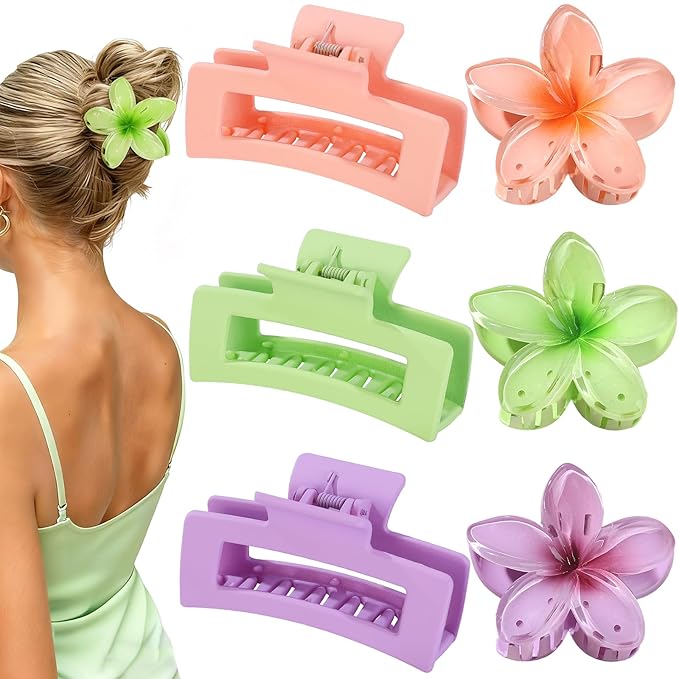 Flower Hair Clips for Women Square Claw Clips for Girls 2 Styles Hair Claw Clips for Thick or Thin Hair 6 PCS Hawaiian Hibiscus Rectangle Large Plumeria Medium Hair Accessories for Women (Purple)