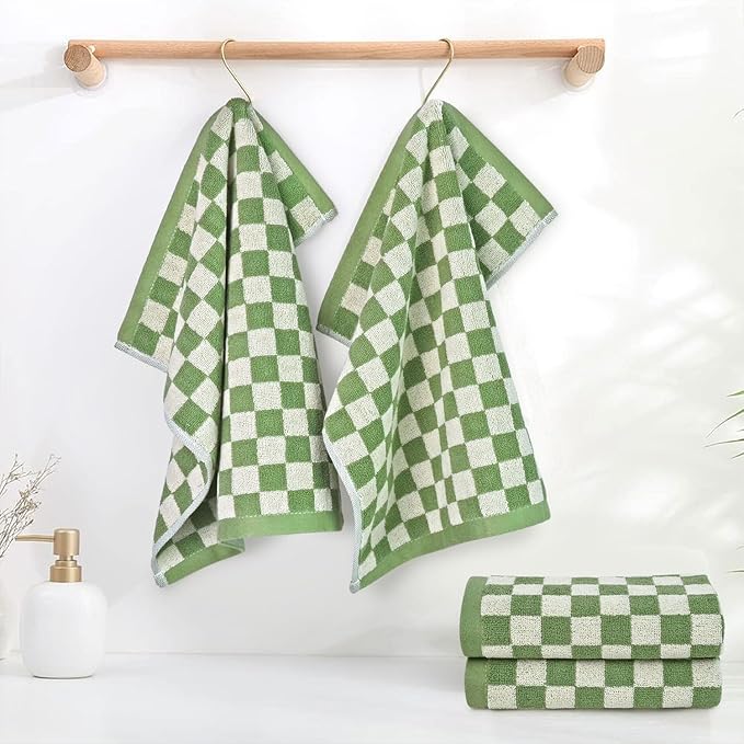 Jacquotha Wash Cloths Checkered 4 Pack (Green) - Cotton Washcloths for Face Body, 13 x 13 Inches Daily Cleansing Kitchen Towels