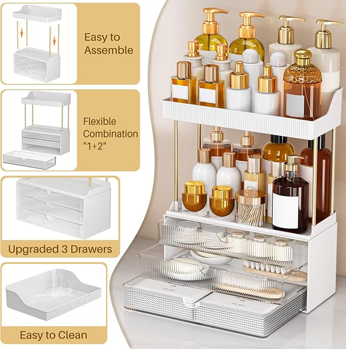 12.2"W Makeup Organizer Drawers - 5 Tiers Bathroom Counter Organizer, Cosmetic Storage Drawer for Dresser Countertop and Bathroom Vanity for Large Skincare, Perfume, Clear