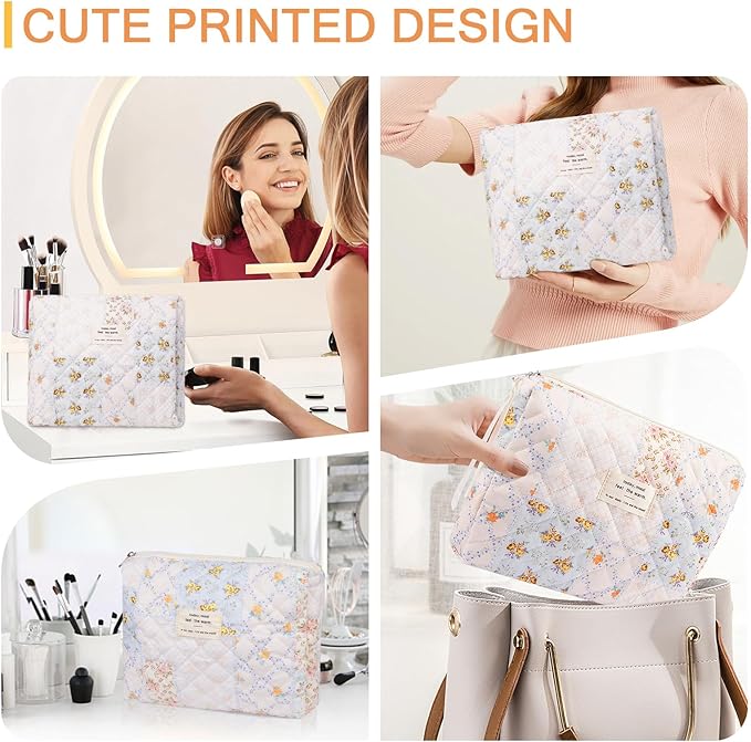 Floral Makeup Bag, Small Cosmetic Bag for Women Girls, Cute Cotton Makeup Bag, Quilted Makeup Bags, Flower Travel Toiletry Organizer Bag(Folk Style)