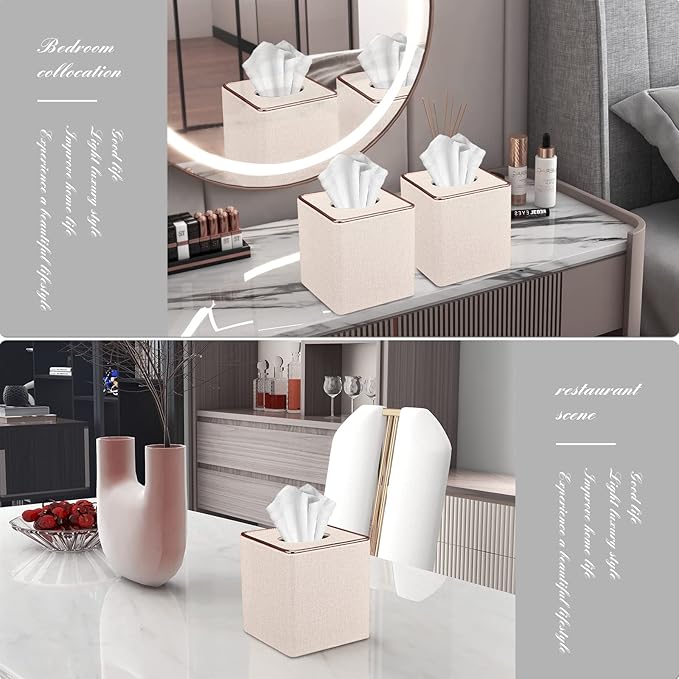 Tissue Box Cover, PU Leather Tissue Box Holder Square Box Covers for Home/Office/Car Decoration 5.3"X5.3"X5.8" - Beige