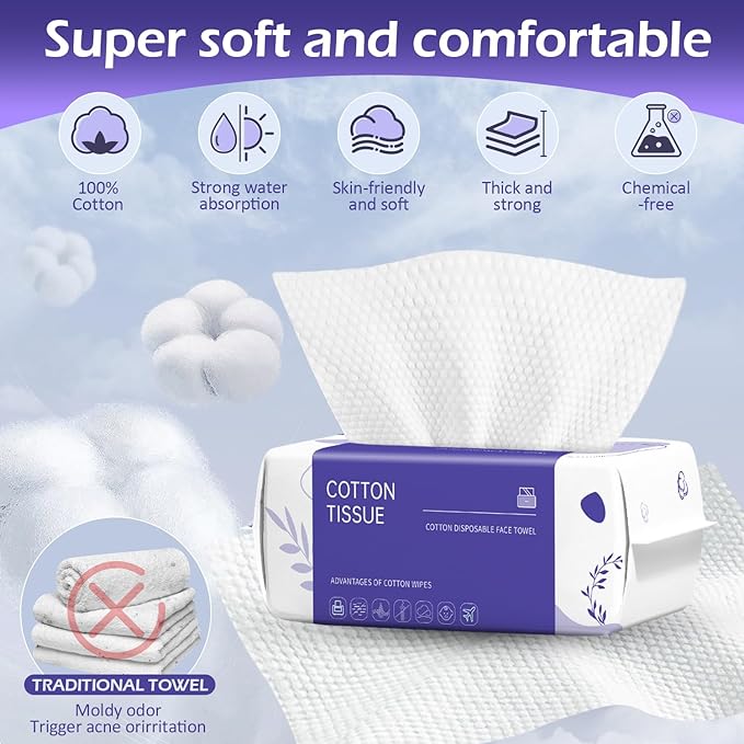 Disposable Face Towel 200 Count, Face Towels, Soft Cotton Dry Wipes Facial Cloths Towelettes for Washing and Drying, Facial Tissue for Cleansing, Skincare and Makeup Remover