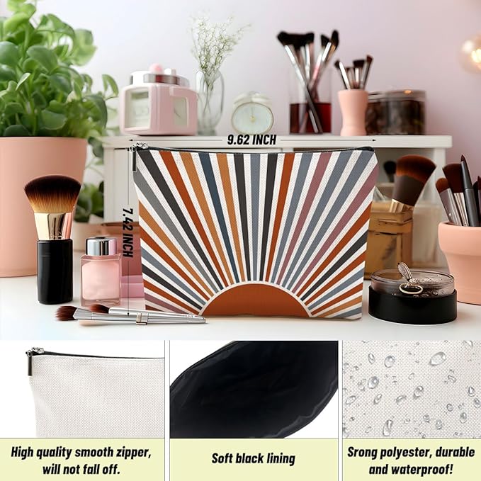 Sun Sunrise Sunshine Makeup Bag, Boho Abstract Cosmetic Bags, Retro Makeup Bag Zipper Pouch Gifts for Women Sisters Friends, Ideal Travel Toiletry Organizer Birthdays Gifts for Boho Lovers Women