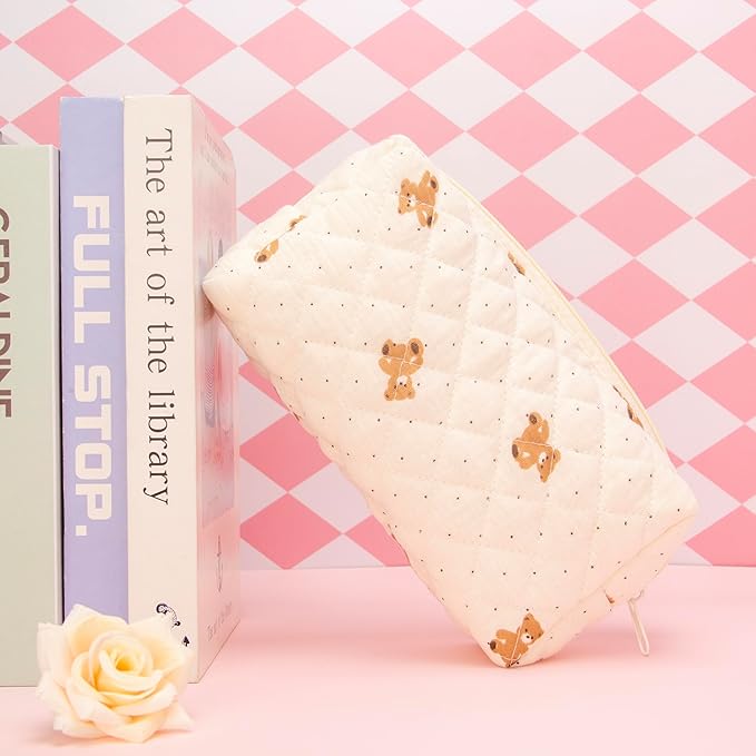 PAZIMIIK 6PCS Vintage Quilted Makeup Bag SET Cosmetic Pouch for Brushes Pencils and Travel Make Up Accessories for Women and Girls Bear Beige