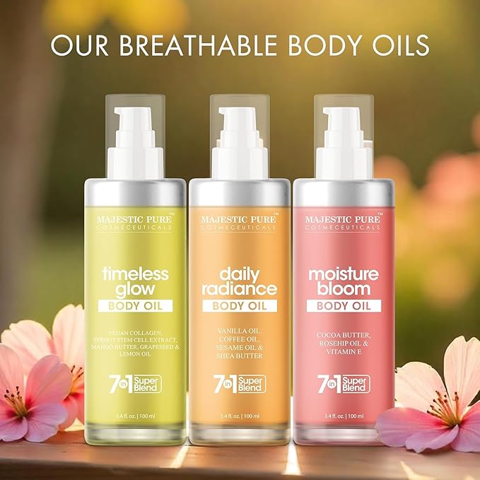 Majestic Pure Vanilla Body Oil - 100% Pure & Natural with Shea Butter, Coffee, Sesame Oils- After Shower Body Oils for Women and Men - Scented, Radiant, Firming Massage Oil - 3.4 Fl Oz