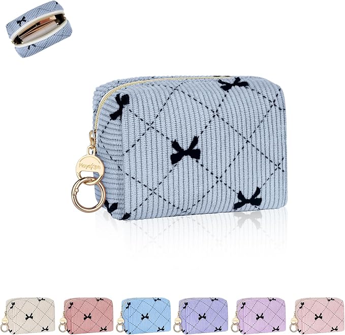 Mini Makeup Bag, Corduroy Small Cosmetic Bag for Purse with Ring Buckle, Bow Tie Travel Makeup Pouch for Lipsticks, Chapsticks, Coin, Earphone, Credit Card (Blue)