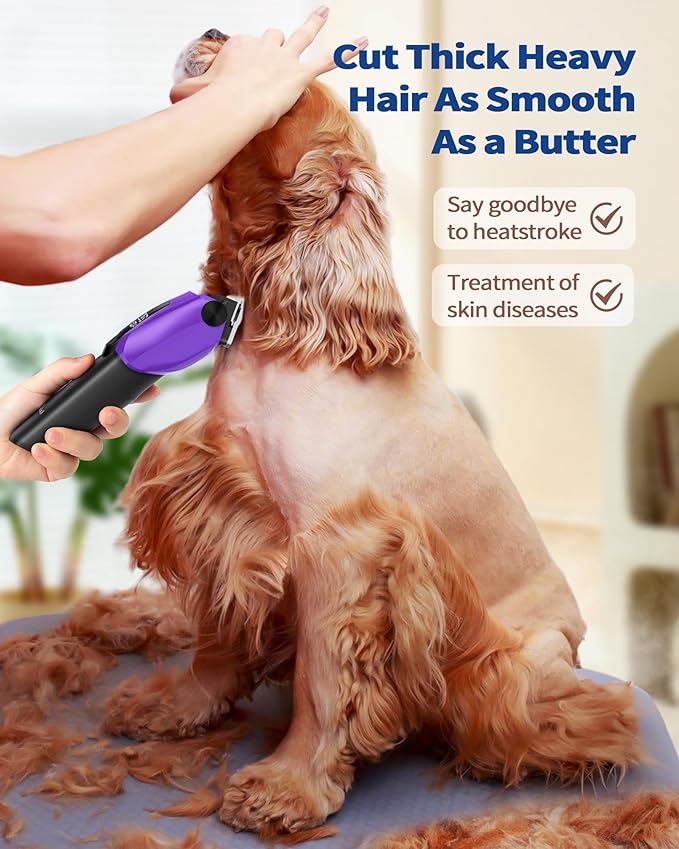 Dog & Cat Grooming Kit for Thick Coats, Heavy Duty Rechargeable Trimmer with LED Display & Storage Bag (Purple, 2 in 1)