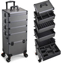 5 in 1 Makeup Train Case, Cosmetology Case on Wheels Travel Make up Case Rolling Nail Cart Makeup Organizer Cosmetic Storage Box Cases Extra Large Trolley Truck, 360° Swivel Wheels, Ashy Grey