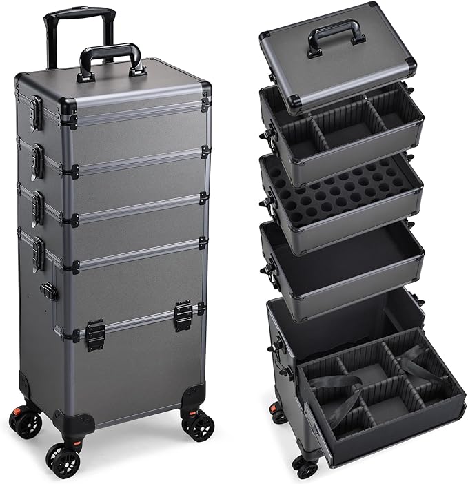 5 in 1 Makeup Train Case, Cosmetology Case on Wheels Travel Make up Case Rolling Nail Cart Makeup Organizer Cosmetic Storage Box Cases Extra Large Trolley Truck, 360° Swivel Wheels, Ashy Grey