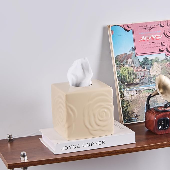 Beige Ceramic Cube Tissue Box Cover with Rose – Large Elegant Rose Floral Square Decorative Tissue Box Holder for Bathroom, Bedroom, Office Desk, Kitchen Counter – Perfect Housewarming Gift